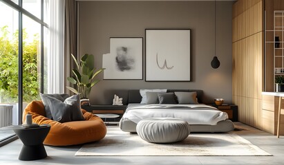 A cozy and modern living room with a sofa, armchair, desk, and lamp, featuring contemporary design elements and a window with a view, creating a stylish and comfortable space