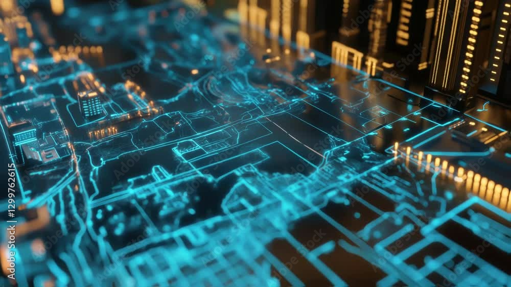 Poster intricate electronic network glowing with vibrant blue and orange illumination representing cutting 