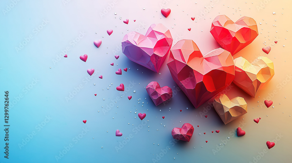 Poster colorful geometric hearts with tiny hearts on a soft background creating a vibrant and playful desig