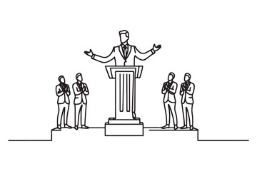 continuous one single black line art doodle drawing of business leader standing on a podium inspiring a team illustration on white background