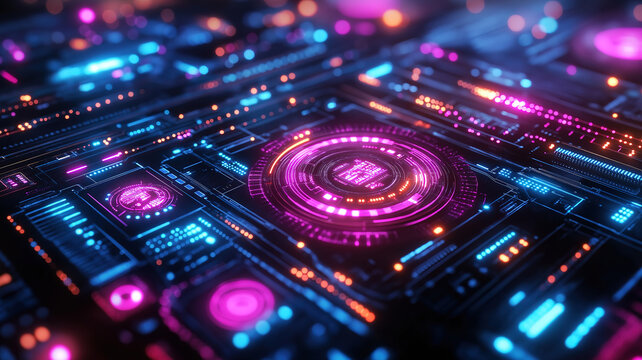 Futuristic technology interface design featuring neon highlights and intricate patterns creating a sleek look