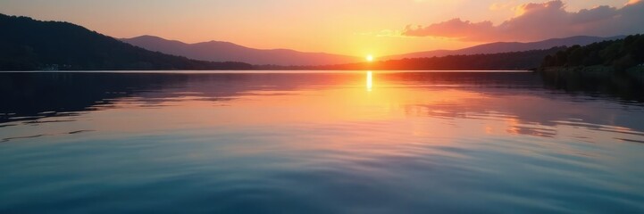 Fototapeta premium Gentle waves disturb the stillness of a mirror-like lake at sunset, serenity, reflection, water ripple