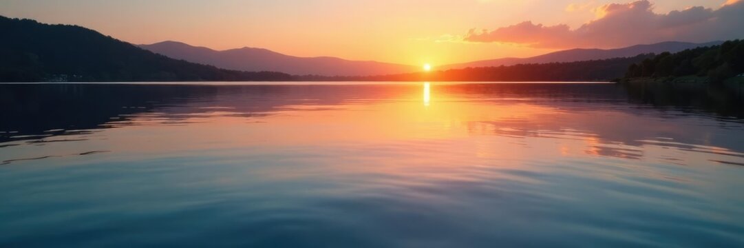 Gentle waves disturb the stillness of a mirror-like lake at sunset, serenity, reflection, water ripple