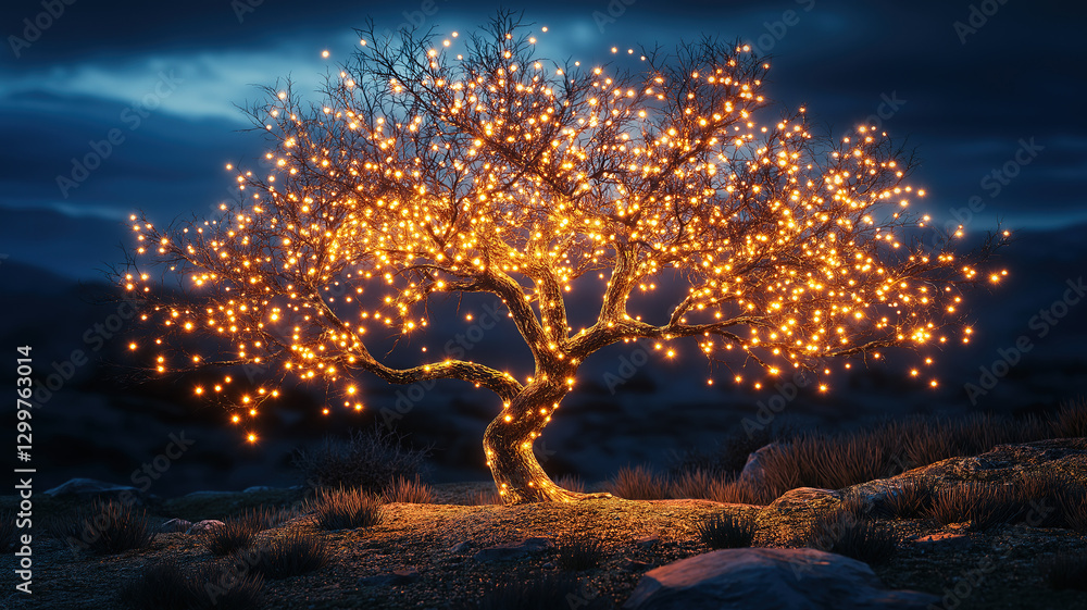 Poster glowing tree with bright lights in a dark environment creating a magical and enchanting atmosphere
