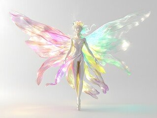3D animated fairy with shimmering pastel wings and a luminous aura