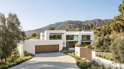 Wide panoramic view of a contemporary white home, framed by a wooden-style fence and lush natural greenery.
