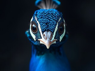 Peacock head stares, close up, against black