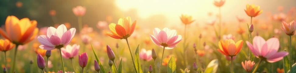 Gentle breeze rustles through a field of flowers, soft, blossom