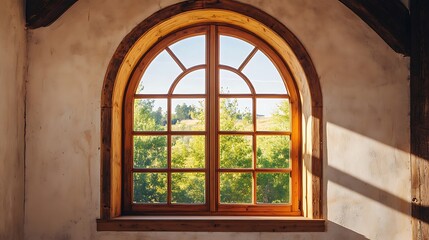 Looking Through Arched Window at Green Trees on Sunny Day