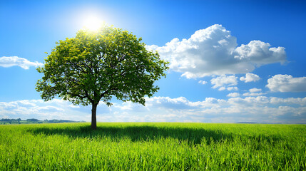 Fototapeta premium Single Green Tree in a Sunny Field under a Blue Sky
