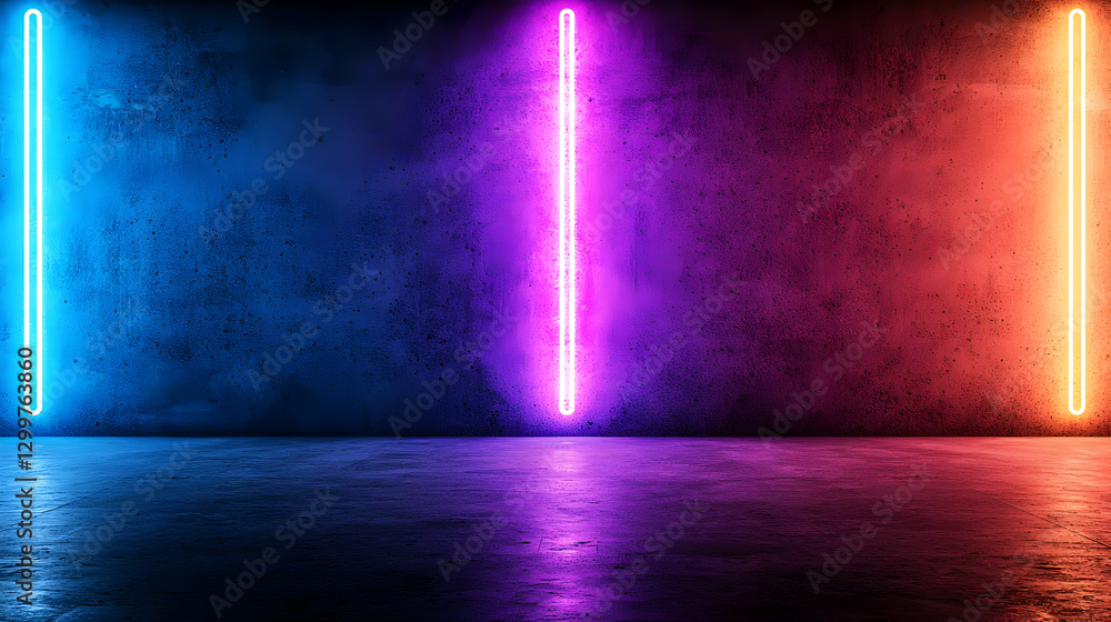 Poster vertical neon light columns on concrete wall with reflective floor displaying colorful illumination