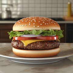 Cheeseburger With Lettuce, Tomato, Onions, And Sesame Seed Bun Sitting On A Plate With A Kitchen Counter In The Background