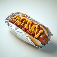 Chili Dog With Mustard In A Foil Wrapper