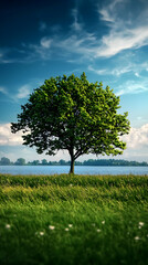 Obraz premium Single Green Tree in Lush Field by Calm Water Under a Blue Sky