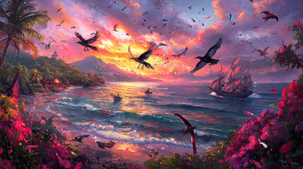 Vibrant Sunset over Tropical Beach with Flying Birds and Sailing Ship