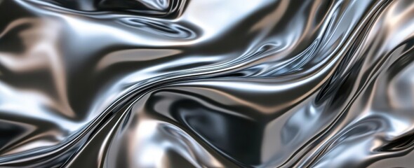 Smooth and Reflective Metallic Fabric with Elegant Waves and Shimmers Showcasing Light and Shadow Play in Black and Silver Tones