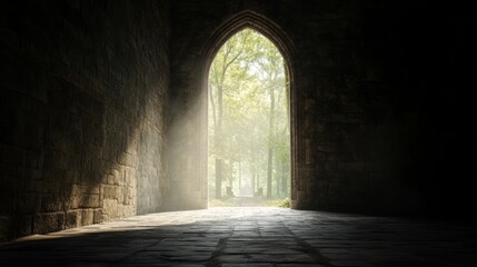 Fototapeta premium an arched doorway opens to a sunlit forest.