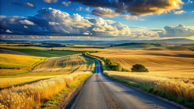 A scenic asphalt road meanders through vibrant, rolling hills of golden wheat fields under a dramatic sunset sky