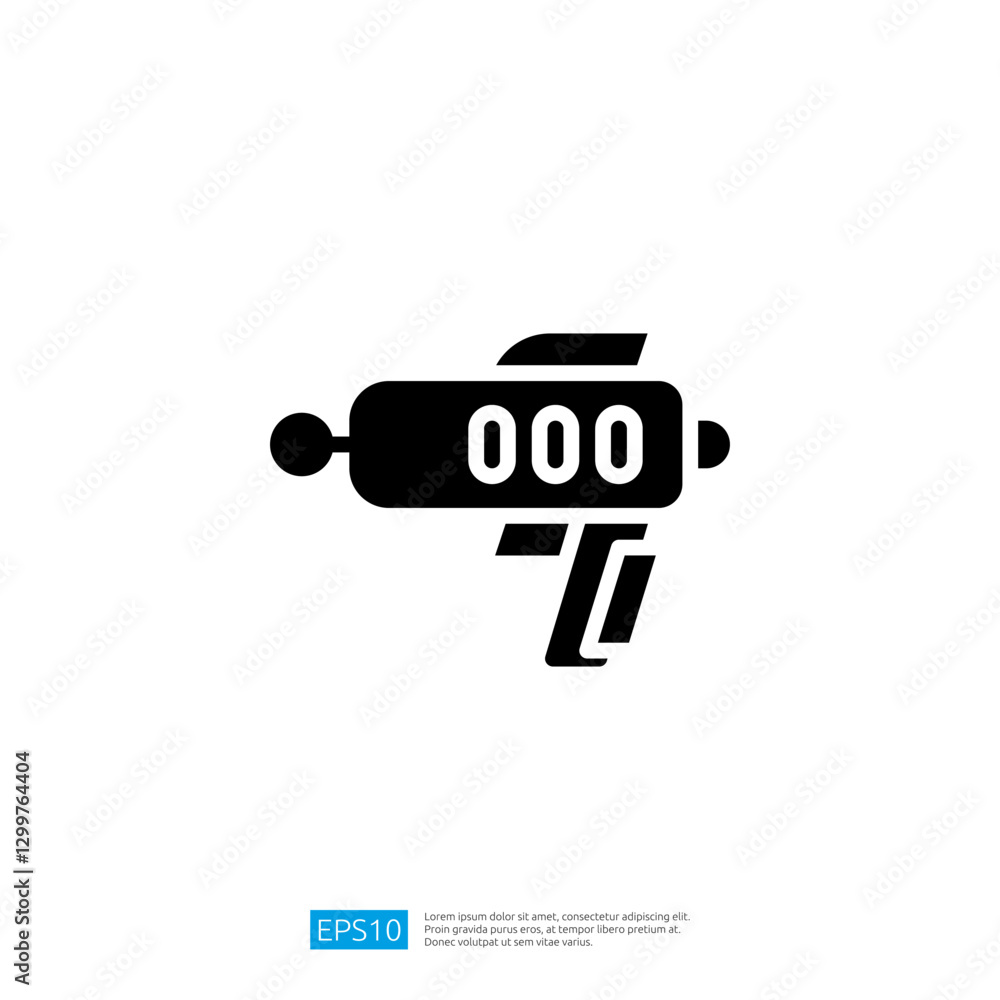 Poster stylized icon of a futuristic gun design featuring a minimalist 000 control panel in black color sch