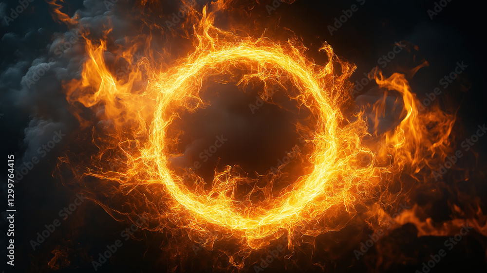 Poster dynamic visual effect of circle orbit rotation with vibrant flames forming an abstract