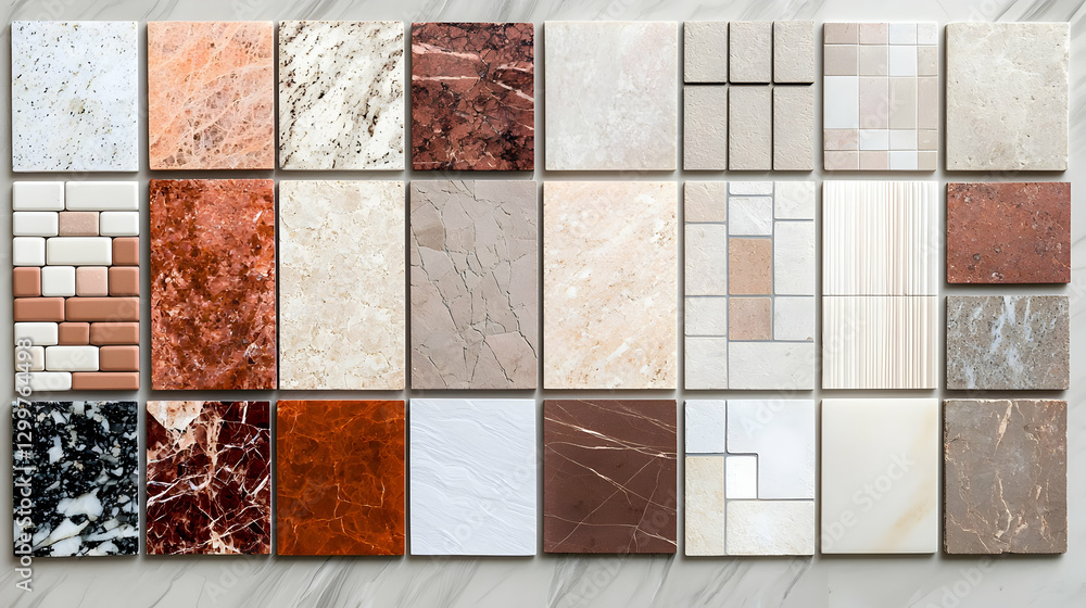 Poster collection of various ceramic and stone tile samples displayed in a grid formation with diverse colo