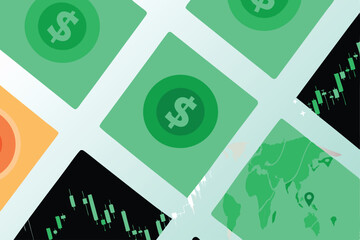 Generate an abstract visualization of stock market data, using curves and dynamic color gradients to represent market indicators and trends.  Include elements suggesting currency fluctuation.