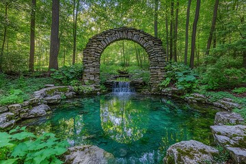 Serene stone arch and pond nestled in a lush green forest