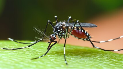 Fototapeta premium Close-up of a Mosquito Feeding on a Leaf with Detailed Body Structure and Colors