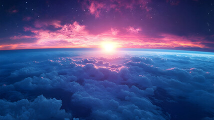 Fototapeta premium Cosmic blue atmosphere illuminated by a mesmerizing fuchsia sunrise casting a dreamlike glow on the clouds