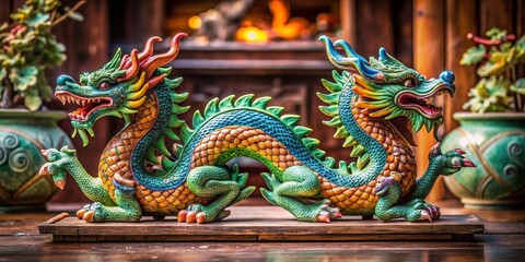 Fototapeta premium Vintage Style Photo: Pair of Ceramic Dragons, Antique Decor, Asian Art