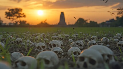 The former Killing Fields are filled with human skulls from genocide.