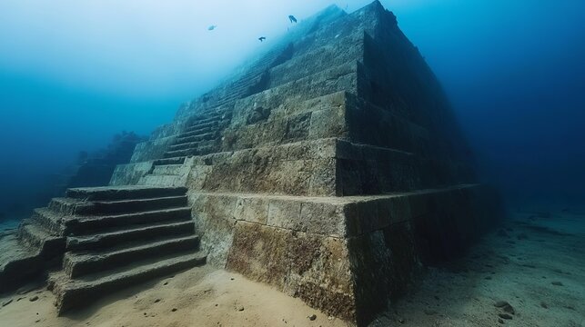 An underwater ancient city with mysterious stone structures, resembling pyramids and stairways, submerged deep in the sea near Yonaguni Island, Japan