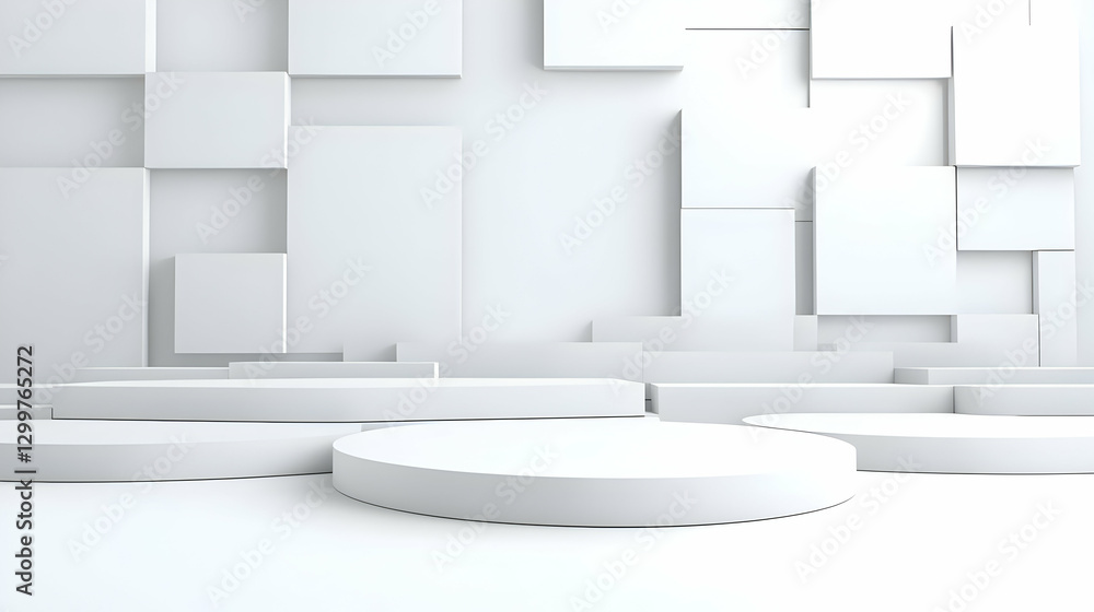 Poster abstract white geometric design stage background with minimalist clean blocks for product display