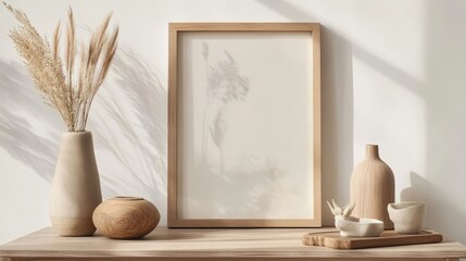 a framed picture with some vase on wooden table