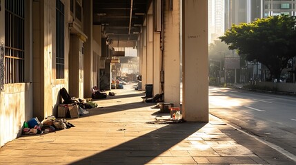 a street view with homeless people sleeping on the sidewalk, and a building with a sunlit road.