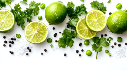 Fresh and Zesty Limes, Cilantro, and Seasonings on White