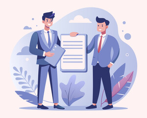 Business Agreement Concept with Two Businessmen Holding Signed Contract – Vector Illustration