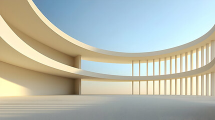 Obraz premium Modern Architectural Interior With Curved Walls Windows and Blue Sky