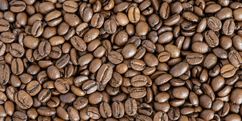 Coffee background banner size. Roasted coffee beans.