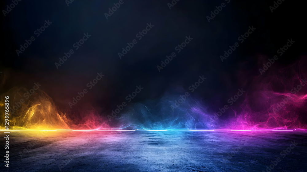 Aufkleber colorful neon light display on dark background with smoke effect and abstract wave forms