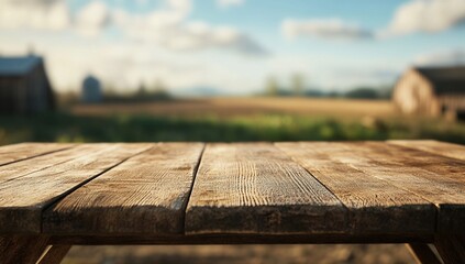 Fototapeta premium Rustic Wooden Table in a Sunny Farm Setting