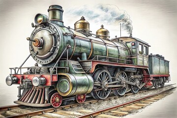 Fototapeta premium Vintage Train Coloring Book Page: Detailed Steam Locomotive Illustration