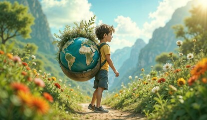 young child walks towards a brighter future with a backpack in the shape of a small globe, filled with small plants and tools, eco-friendly concept