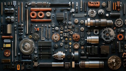 Mechanical Parts Arrangement: A meticulous arrangement of mechanical parts, highlighting design precision and the intricate engineering involved in manufacturing and assembly.