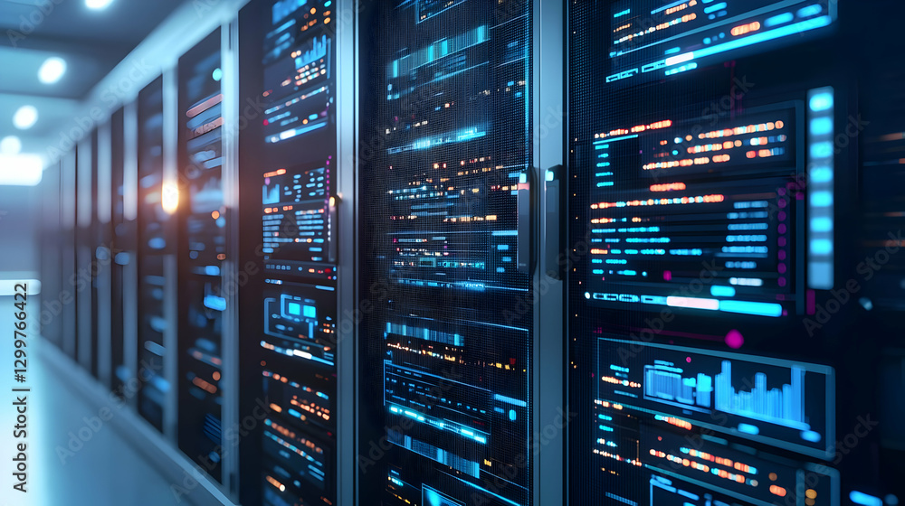 Poster rows of servers with illuminated displays and digital data in data center
