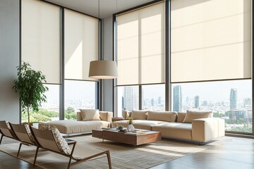 Fototapeta premium Modern Apartment Living Room with Beige Sofa and City View