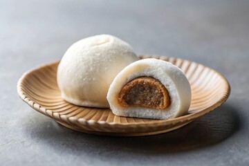 A delectable pastry, delicately filled with a sweet, nutty center, rests on a rustic wooden plate.