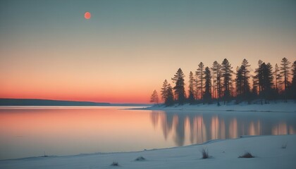 Obraz premium winter, landscape, snow, trees, pine, sunset, twilight, serene, tranquil, forest, pastel, gradient, sky, moon, soft, calm, peaceful, scenic, nature, atmospheric, elegant, artistic, minimalist, aesthet