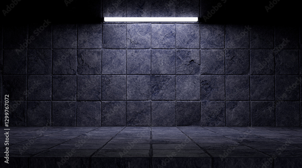 Poster dark tiled room with single overhead light for mysterious or dramatic background. 3d rendering
