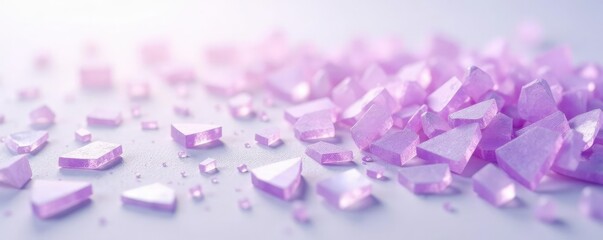Fragments of shattered glass scattered on a soft white and lavender background, delicate, shards, soft focus